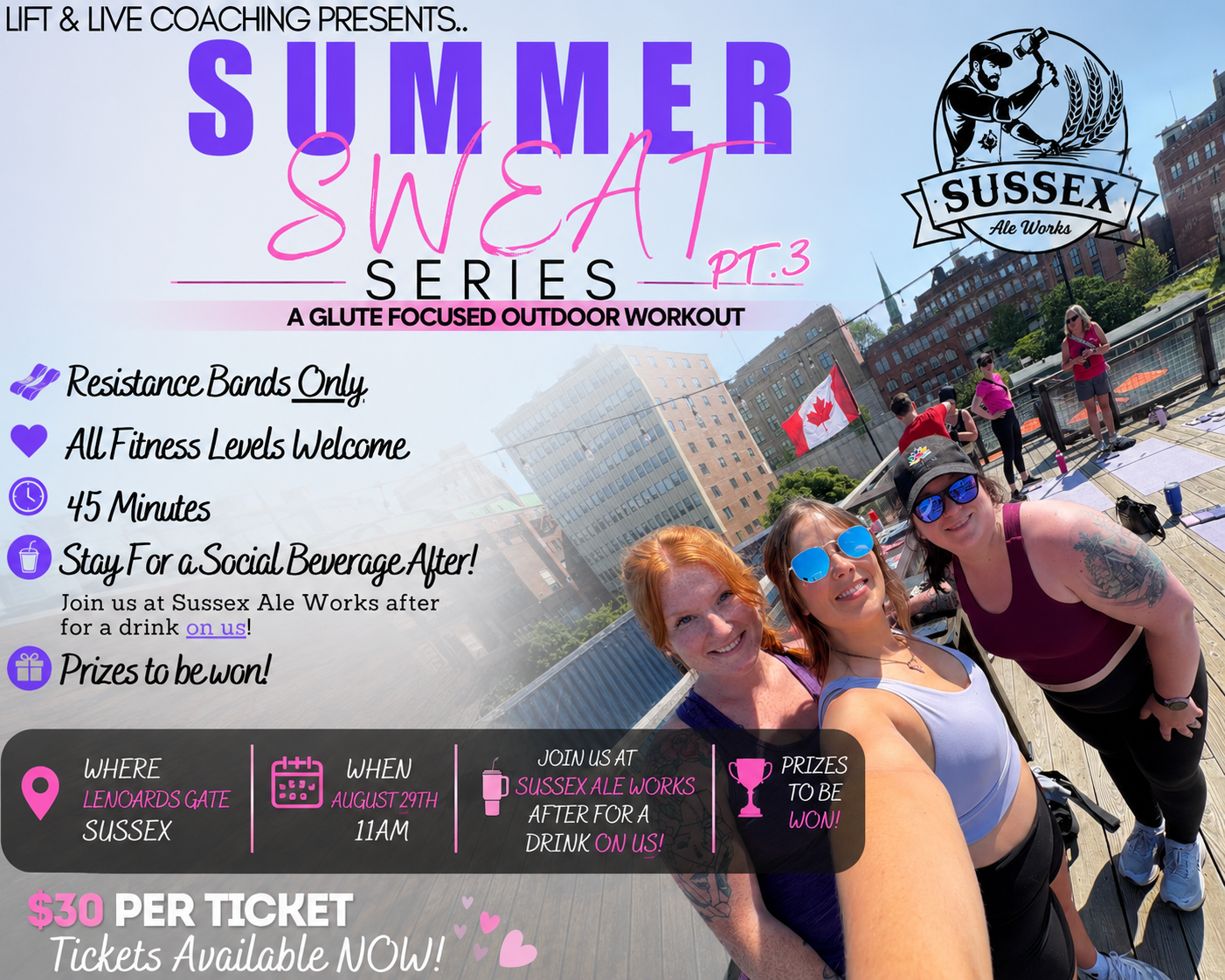 Summer Sweat Series Pt. 3 โ glute-focused outdoor resistance-band workout, August 29 at 11AM, Leonard's Gate, Sussex